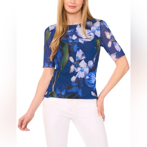 Ted Baker Classic Floral Navy Short Sleeve Size Large Lined Mock Neck Mesh Top - Picture 1 of 8